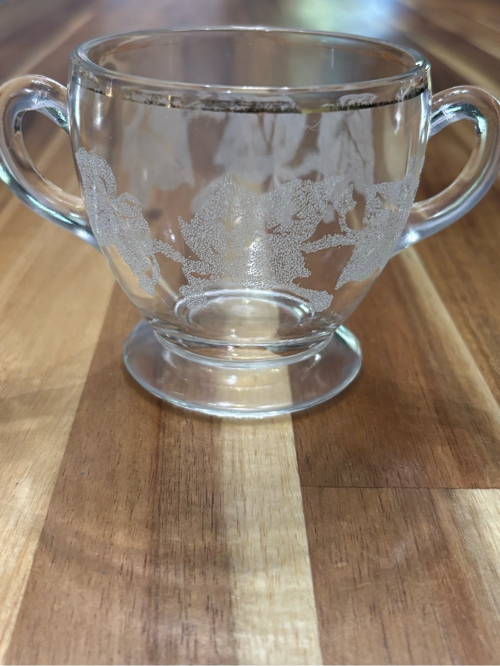 Clear Glass Two-Handled Sugar Bowl with Etched Floral Design